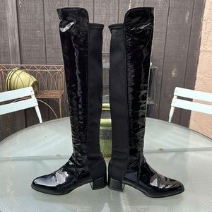 Stuart Weitzman over the knee patent leather and stretchy fabric boot